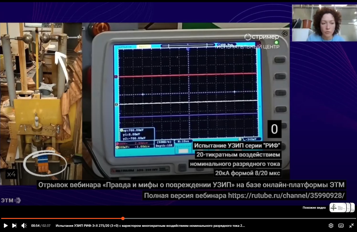 Испытания УЗИП РИФ-Э-II 275/20 (3+0) с варистором многократным воздействием номинального разрядного тока 20 кА формой волны 8/20 мкс